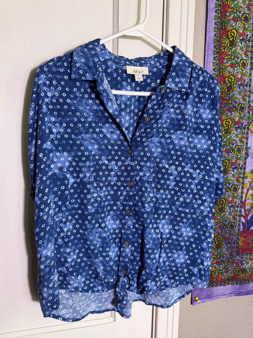 Style & Co Womens Medium Blue Bandana Print Tie Front Button Up Shirt Blouse